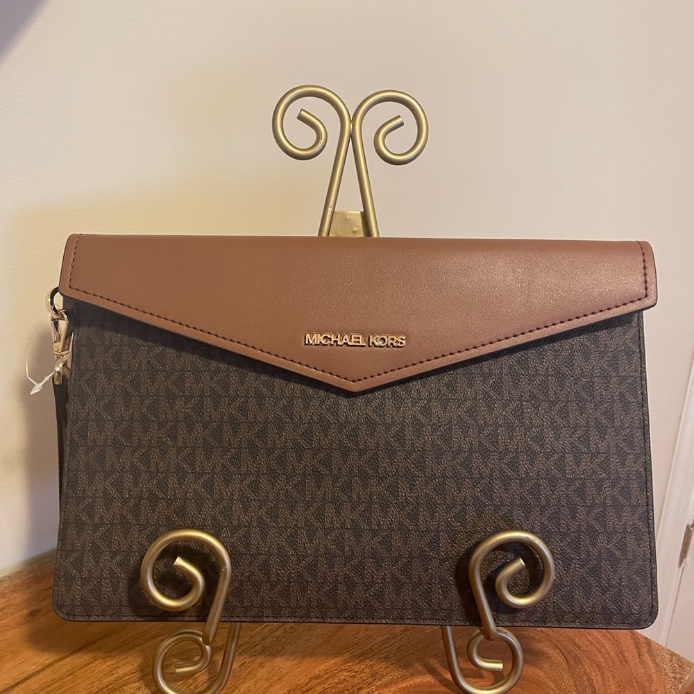 Michael Kors Large Brown Clutch Leather Envelope Flap Wristlet